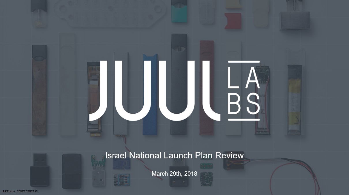 שער מצגת על "החדרה רכה" של הסיגריות האלקטרוניות לשוק הישראלי (מתוך מסמכי ג'ול)