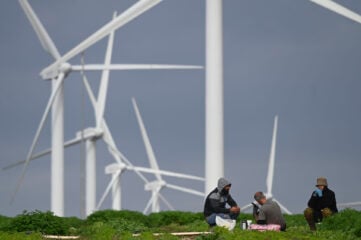 חקלאים על רקע טורבינות רוח באזור טורעאן, נובמבר 2024 (צילום: מיכאל גלעדי)