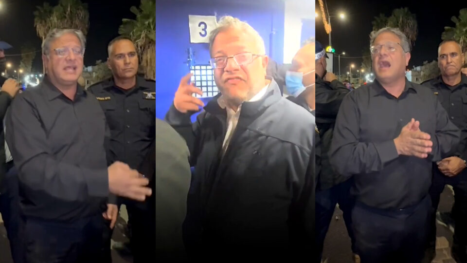 השר איתמר בן-גביר עם אנשי משטרה ושב"ס, מתוך שניים מהסרטונים שנכללים בעתירה (צילומי מסך מתוך ערוץ הטיקטוק של בן-גביר)